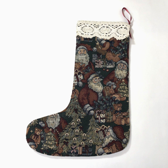 Tapestry Christmas Stocking Santa Claus & Trees Crocheted Edge Forest Green Red - Picture 2 of 9